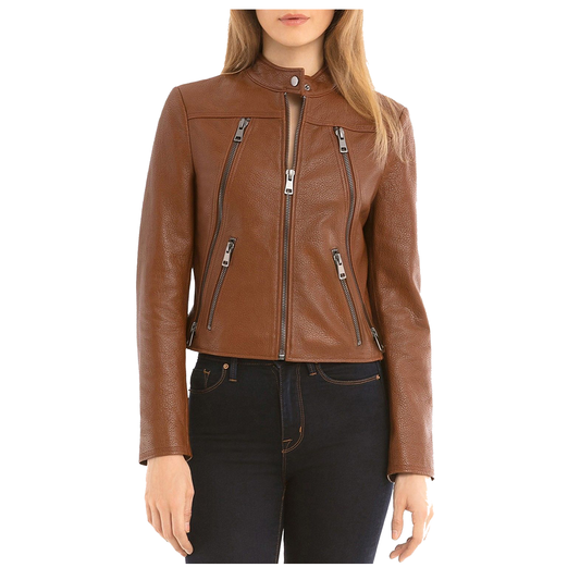 Women Slim Fit Fashion Brown Biker Leather Jacket -