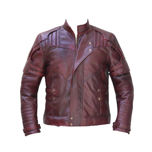 Men Burgundy Lapel Strips Military Leather Jacket -