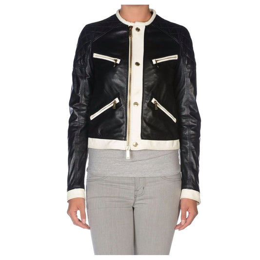 WOMEN WHITE ZIPPER MOTO BIKER LEATHER JACKET -