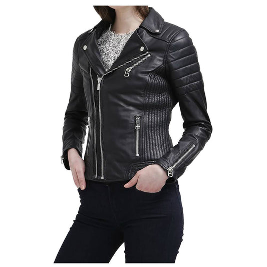 WOMEN SLIM FIT BLACK GENUINE LEATHER JACKET INNOVATIVE DESIGN LEATHER JACKET -