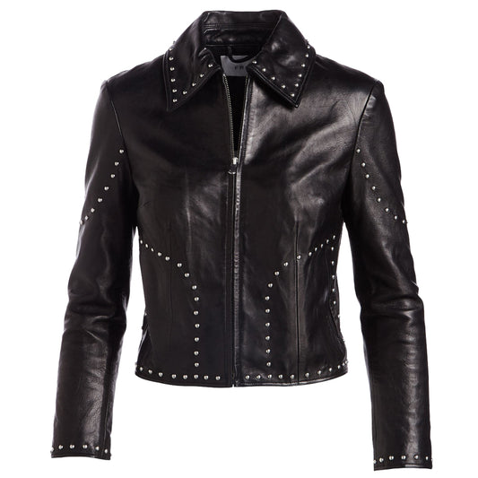 Women Pins Army Leather Zipper Jacket -