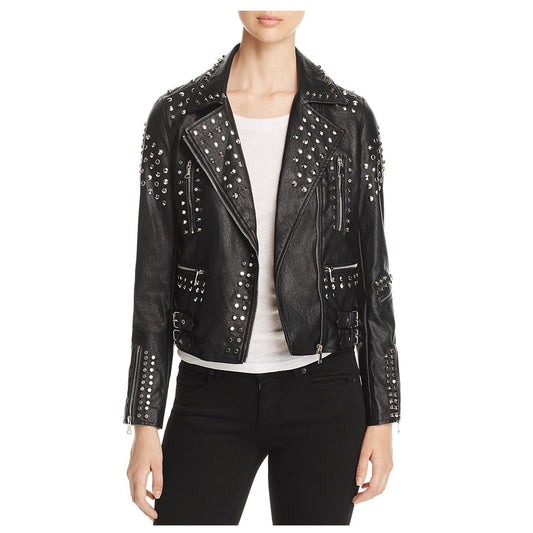 Women Lambskin Leather Stud Pin Biker Jacket -