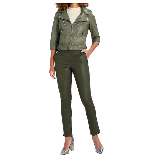 Women Olive Green Motorcycle Genuine Leather Jacket -