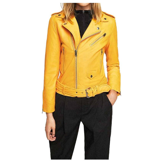 WOMEN YELLOW MANGO SLIM FIT GENUINE MOTORCYCLE LEATHER JACKET -