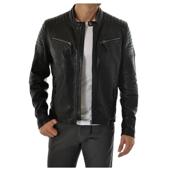 Quilted Shoulder Biker Leather Jacket -
