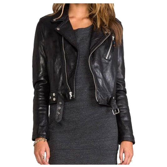 WOMEN SHORT BODY LAMBSKIN BIKER LEATHER JACKET -