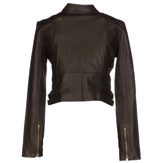 Women Golden Vintage Zipper Biker Leather Jacket -