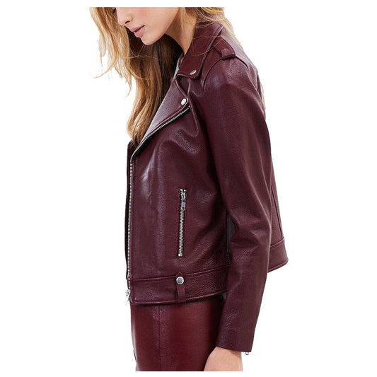 WOMENS BURGUNDY LEATHER BIKER JACKET MOTORCYCLE LAMBSKIN JACKET -