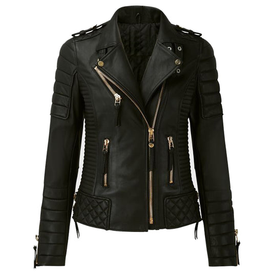 Women Motorcycle Classic Fashion Golden Zipper Leather Jacket -