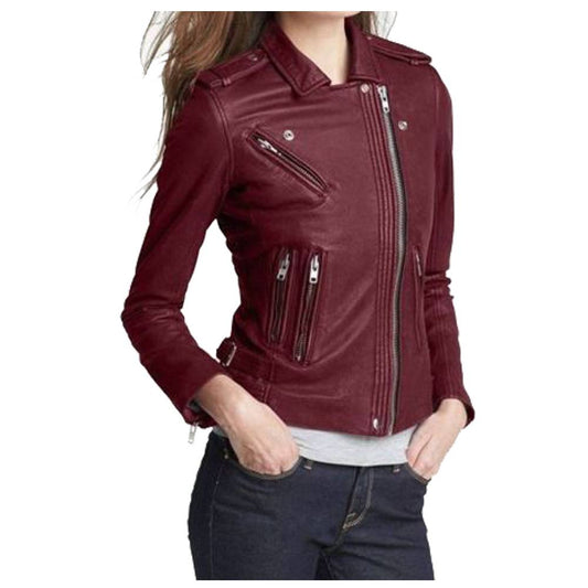 WOMEN MAROON LEATHER SLIM FIT FASHION LEATHER JACKET -