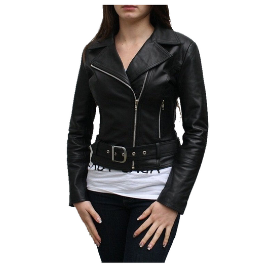 Women Short Body Classic Biker Leather Jacket -