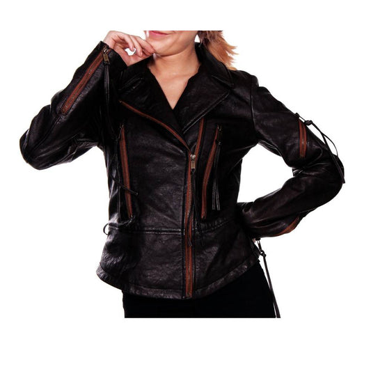 Women Vintage Stripe Leather Motorcycle Jacket -