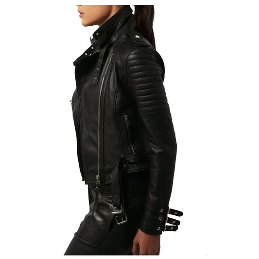 WOMEN WAIST BELTED MOTO SLIM FIT BIKER JACKET LAMBSKIN BIKER JACKET -