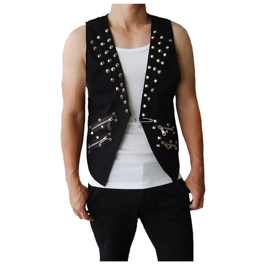 Men Slim Fit Punk Leather Vest Rivet Studded Waistcoat For Sale