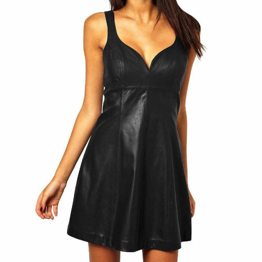 Women Mid Night Black Leather Dance Party Mini Dress