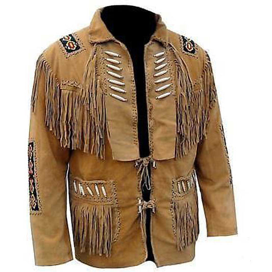 Men Tan Brown Western Cowboy Fringe Leather Jacket