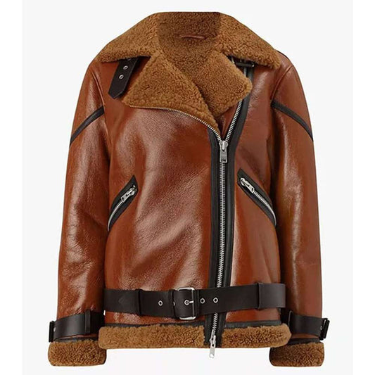 Women Brown B3 Shearling Biker Leather Jacket - Jacket Hunt