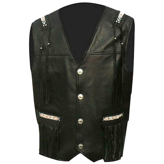 Men Native American Western Fringe Leather Vest Bones Beads Back