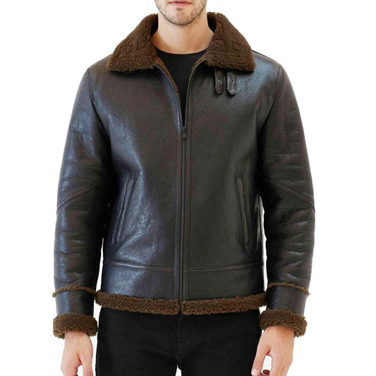 Mens Tobacco Brown Aviator Shearling Bomber Jacket | Jacket Hunt