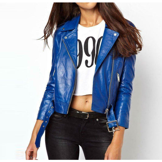 Women Classic Royal Blue Motorbike Fashion Leather Jacket For Sale