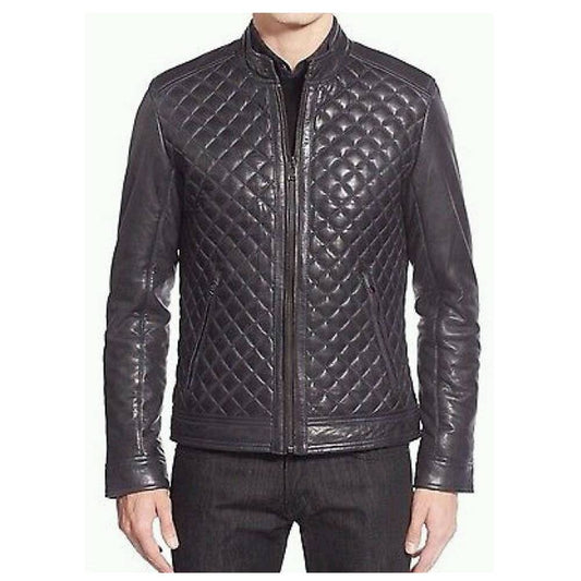 Men Cafe Racer Diamond Bomber Leather Jacket -