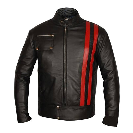 Red Strip Biker Leather Jacket -