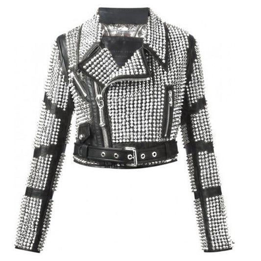 Elegant Women Studded Leather Jacket | Women Rock Star Studded Leather Jacket