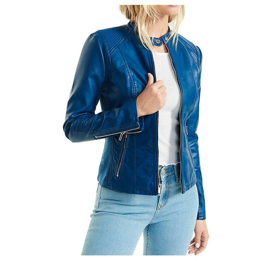 Women Blue Soft Lambskin Motorcycle Racer Leather Jacket -