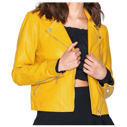 Yellow Retro Women Fashion Leather Jacket -