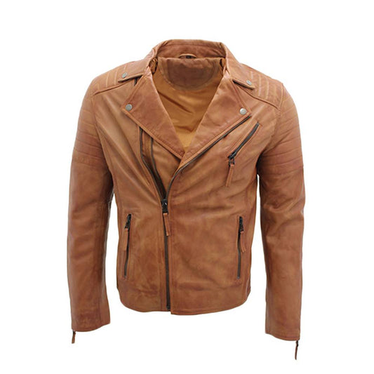 Men Brown LAPEL Quality Motorcycle Leather Jacket -