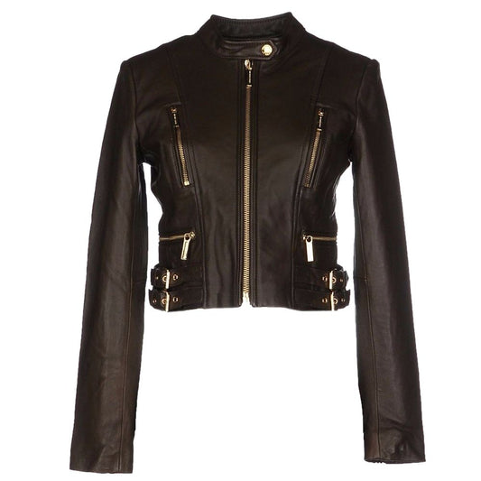 Women Golden Vintage Zipper Biker Leather Jacket -