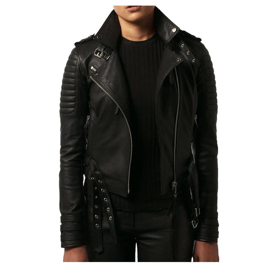 WOMEN WAIST BELTED MOTO SLIM FIT BIKER JACKET LAMBSKIN BIKER JACKET -