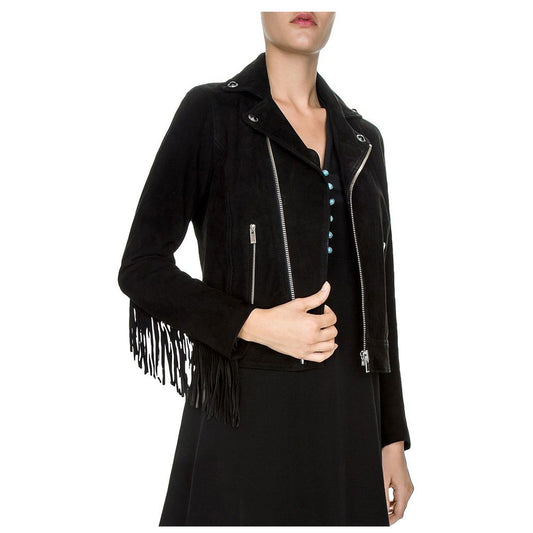 WOMEN SUEDE GENUINE LEATHER FRINGE BIKER JACKET -
