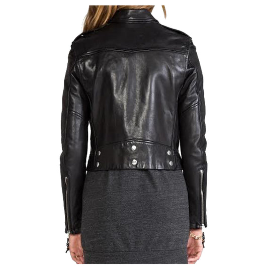 WOMEN SHORT BODY LAMBSKIN BIKER LEATHER JACKET - 