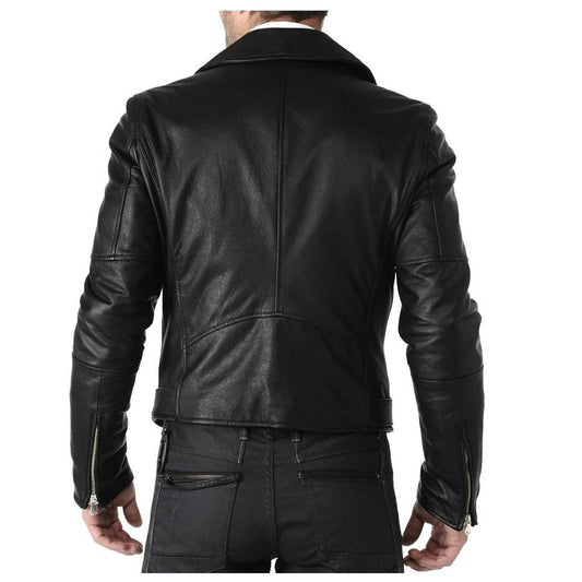 Men Classic Motorcycle Leather Jacket Black Belt -