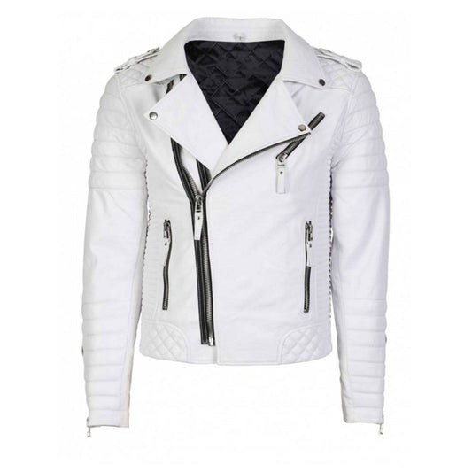 Vintage White Brando Quilted Biker Leather Jacket -