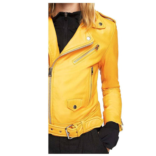 WOMEN YELLOW MANGO SLIM FIT GENUINE MOTORCYCLE LEATHER JACKET -