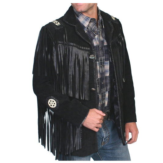 Men Black Western Fringes Cowboy Genuine Real Leather Jacket