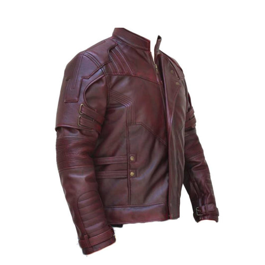 Men Burgundy Lapel Strips Military Leather Jacket -