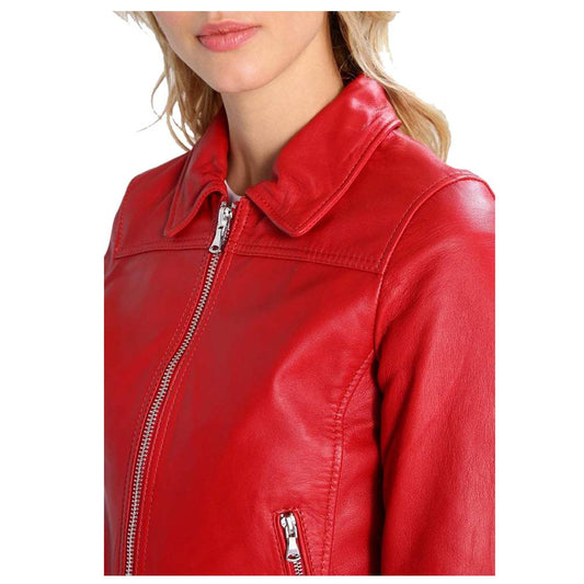 WOMEN RED BOMBER MOTORCYCLE LAMBSKIN SLIM FIT JACKET - 