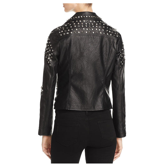 Women Lambskin Leather Stud Pin Biker Jacket -