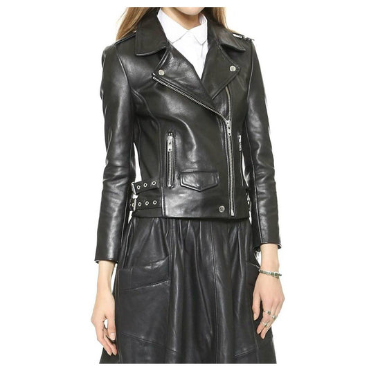 WOMEN GENUINE LAMBSKIN LEATHER BIKER JACKET BLACK ZIPPER BIKER JACKET -