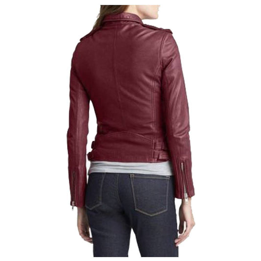 WOMEN MAROON LEATHER SLIM FIT FASHION LEATHER JACKET -