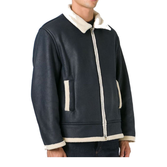 Men Genuine Leather Shearling Biker Jacket -