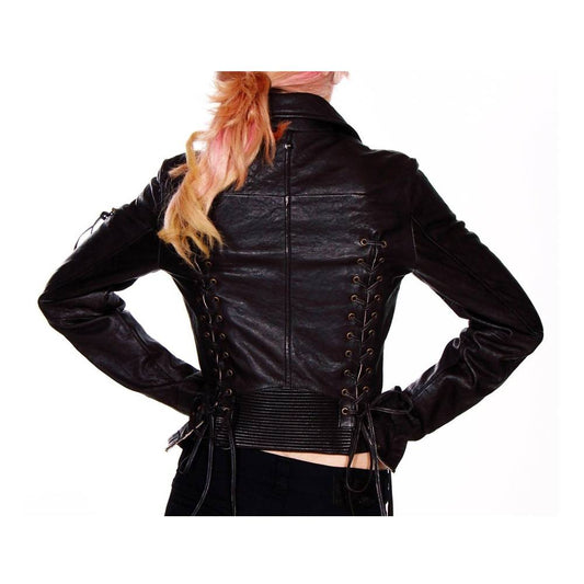 Women Vintage Stripe Leather Motorcycle Jacket -