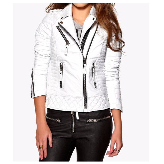 Women Soft Slim Fit Motorcycle Leather Jacket White -