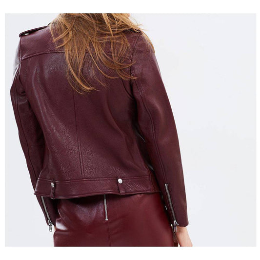 WOMENS BURGUNDY LEATHER BIKER JACKET MOTORCYCLE LAMBSKIN JACKET -