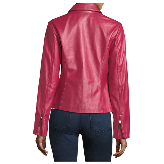 Pink Lambskin Women Biker Leather Jacket -