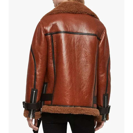 Women Brown B3 Shearling Biker Leather Jacket - Jacket Hunt