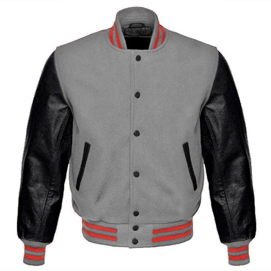 Men's Gray Wool Varsity Bomber Leather Jacket | Personalized Varsity Jacket